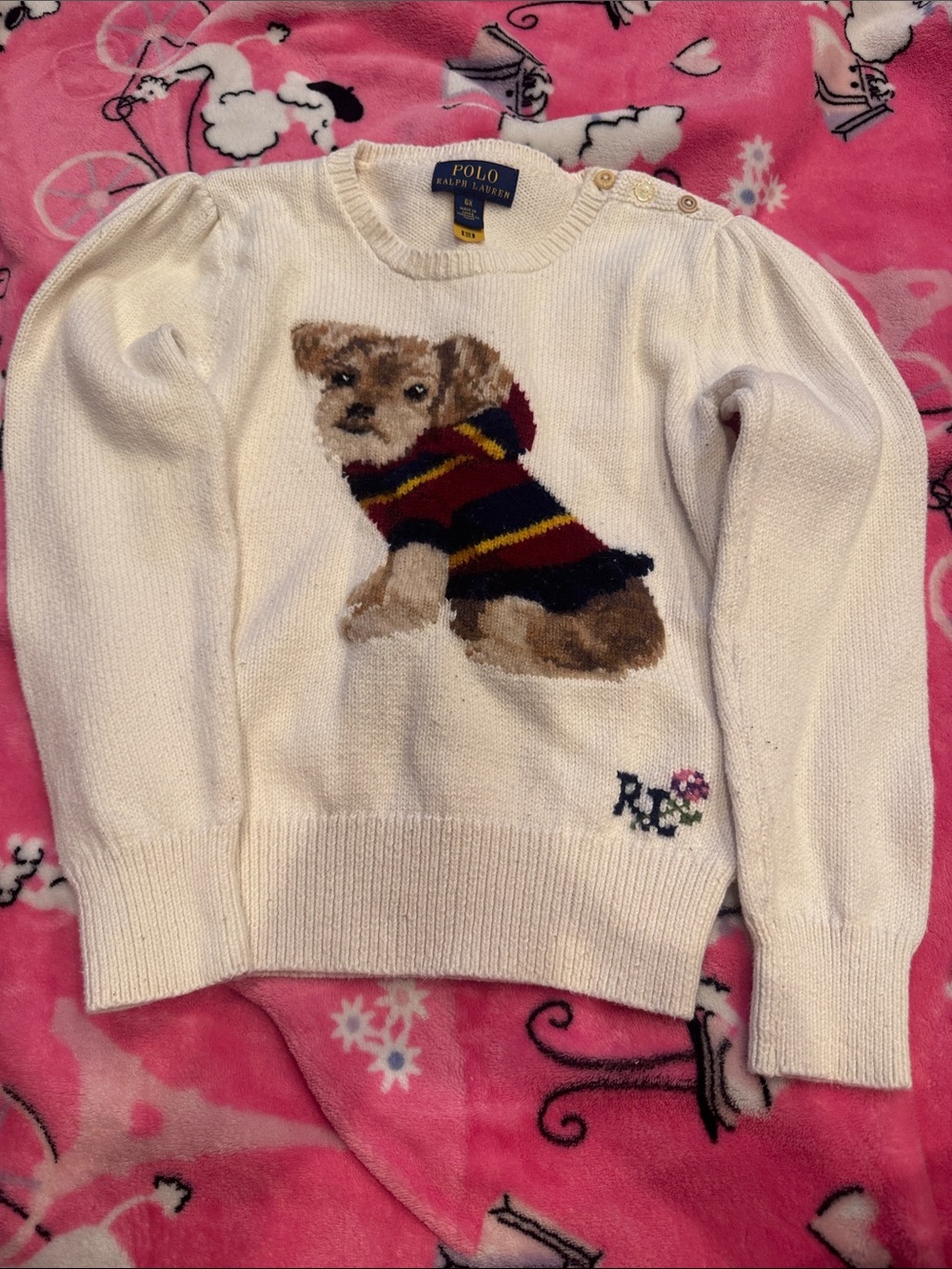 Polo by Ralph Lauren Cream Sweater with Dog Intarsia and Striped Sweater Motif
